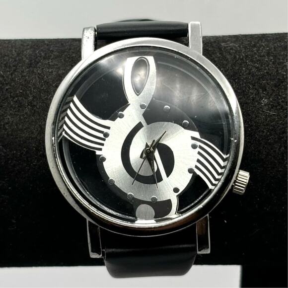 Silver & Black Music Note Men's Watch - Picture 3 of 5